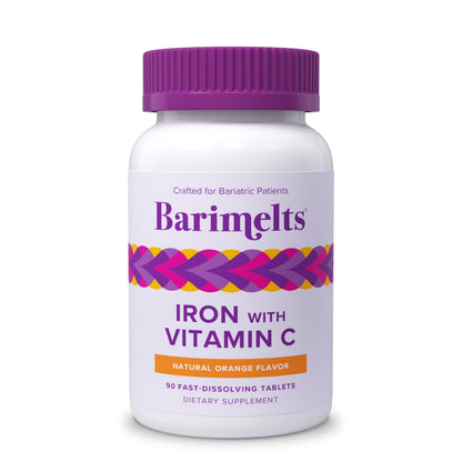 Barimelts Iron with Vitamin C, 90 Fast-Dissolving Tablets (1-Month Supply), Sugar-Free Bariatric Iron Supplement for Women, Natural Orange Flavor BariMelts