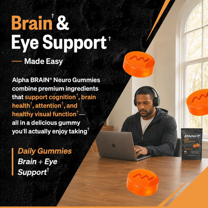 ONNIT Alpha Brain Neuro Focus Gummies, IGEN Non-GMO Tested Vegan Gummies with Omega-3s Lutein Zeaxanthin and Caffeine, Brain Eye and Focus Supplement for Men and Women, Citrus Punch, 90 Count