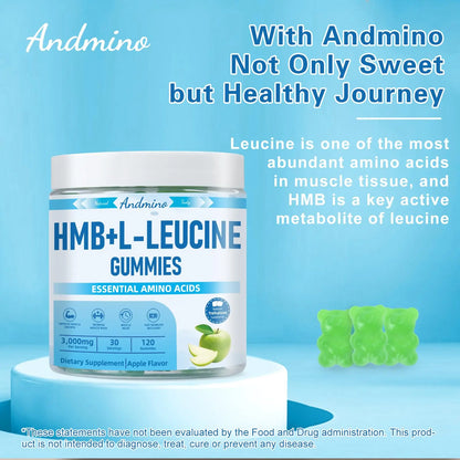 andmino HMB and L-Leucine Gummies, 3000mg, with Trehalose, for Muscle Growth, Muscle Relief and Workout Recovery, for Adults & Elder, Non-GMO andmino
