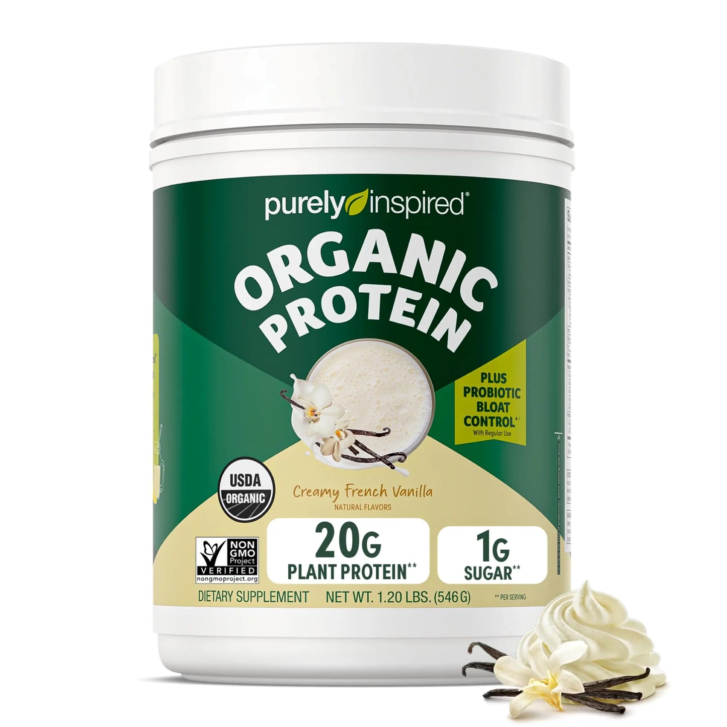 Purely Inspired Plant-Based Protein Powder for Men & Women, Creamy French Vanilla (16 Servings) - Vegan & Organic - 20g of Pea Protein Powder for Smoothies & Shakes - Dairy-Free, & Gluten-Free Purely Inspired