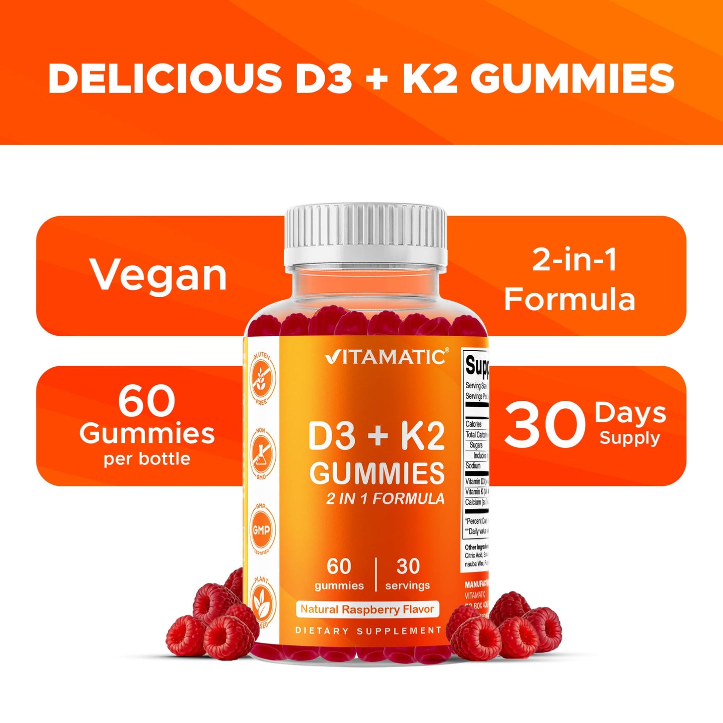 Vitamatic Vitamin D3 & K2 Gummies (2-Pack, 60 Count) Supports Healthy Bones, Heart Health, Calcium Absorption, Vitamatic