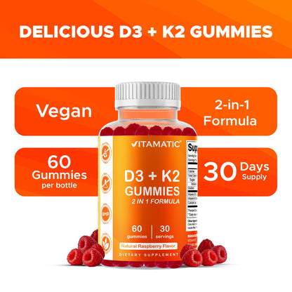Vitamatic Vitamin D3 & K2 Gummies (2-Pack, 60 Count) Supports Healthy Bones, Heart Health, Calcium Absorption, Vitamatic