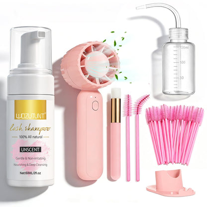 Eyelash Extension Cleanser Lash Mousse Lash Shampoo for Extensions, USB Mini Portable Fan Rechargeable Electric Handheld Air Conditioning (lash kit-handheld fan) WOZUTUNT