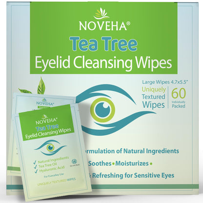 NOVEHA 60PCs Tea Tree Oil Eyelid & Lash Wipes | With Hyaluronic Acid, Green Tea & Chamomile For Blepharitis, Itchy & Stye Eyes, Individually Wrapped, Natural Eyelash Makeup Remover & Daily Cleanser NOVEHA