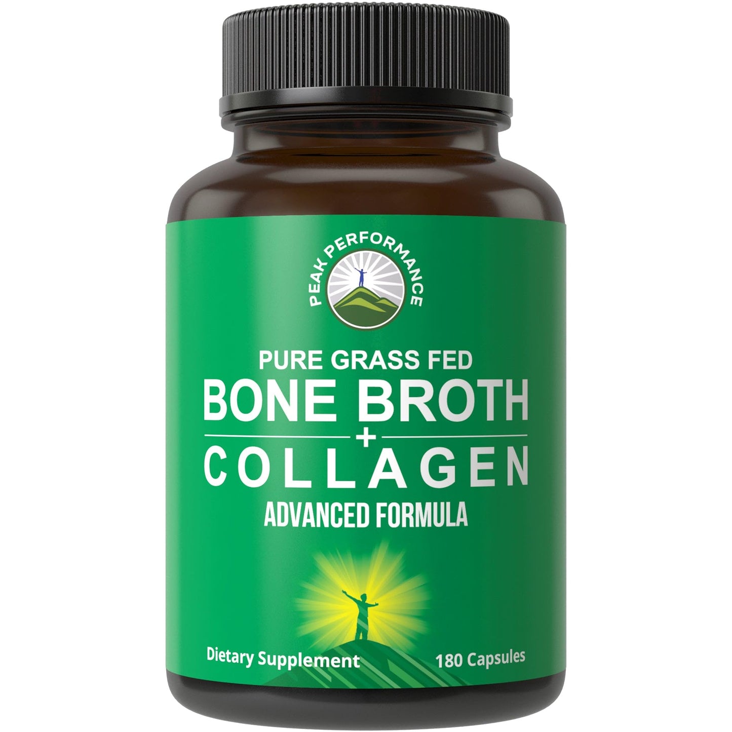 Peak Performance Bone Broth Collagen Capsules - 180 Pills of Grass Fed Bone Broth Collagen Protein Peptides - Contains All 3 Types 1, 2, and 3 - Pure Pasture Peak Performance