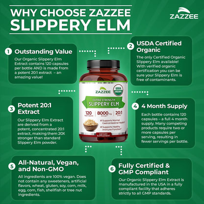 Zazzee USDA Organic Slippery Elm Bark 20:1 Extract, 120 Vegan Capsules | 4 Month Supply, Digestive, Throat & Mucosal Support, Ulmus Rubra, Herbal Supplement, All-Natural, Non-GMO, Made in the USA Gsupps Australia
