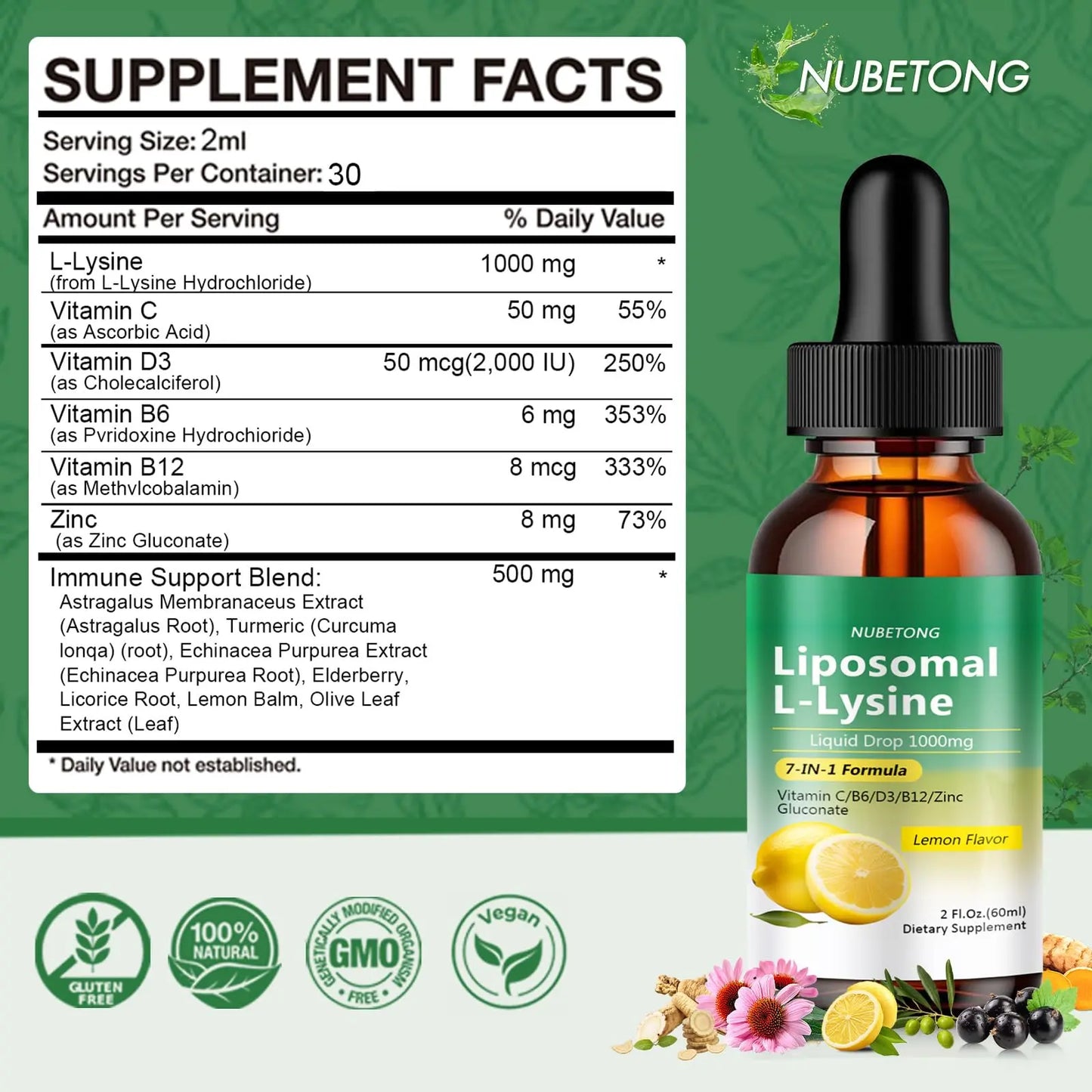 Liposomal L-Lysine 1000mg Liquid Drops, 7-in-1 Lysine Supplement for Adults with Vitamin C/B6/D3/B12 & Zinc Gluconate, Immune Support, Collagen Synthesis & Skin Lip Health, Lemon Flavor, 2 Fl Oz Nubetong