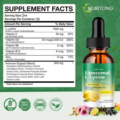 Liposomal L-Lysine 1000mg Liquid Drops, 7-in-1 Lysine Supplement for Adults with Vitamin C/B6/D3/B12 & Zinc Gluconate, Immune Support, Collagen Synthesis & Skin Lip Health, Lemon Flavor, 2 Fl Oz Nubetong