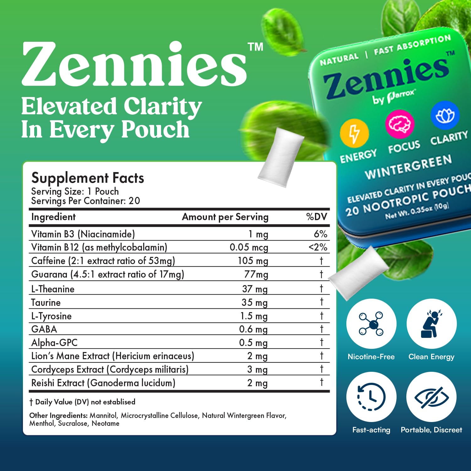 Zennies Caffeine Nootropic Pouches with Alpha GPC, L-Tyrosine & L-Theanine, Lion's Mane, Cordyceps, Reishi - Nicotine Free, No Sugar or Artificial Sweeteners Nootropic Energy Pouches, Wintergreen 1 PK Parrox buy australia supplements