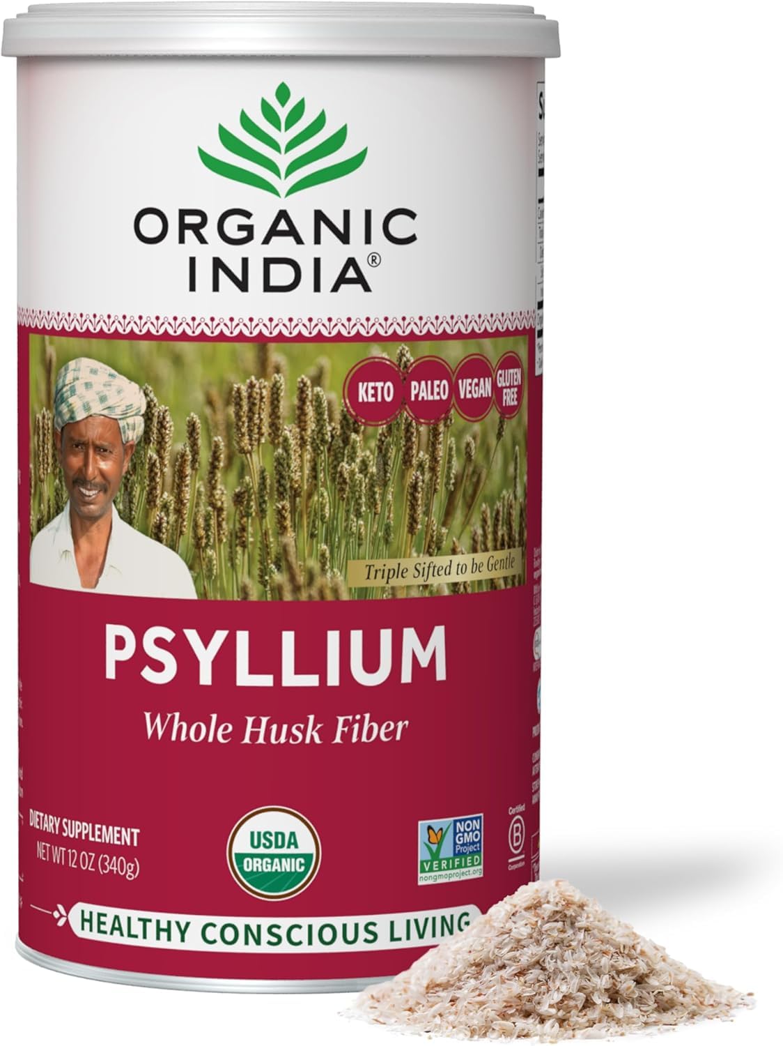 ORGANIC INDIA Psyllium Herbal Powder - Whole Husk Fiber, Vegan, Gluten-Free, USDA Certified Organic, Non-GM ORGANIC INDIA