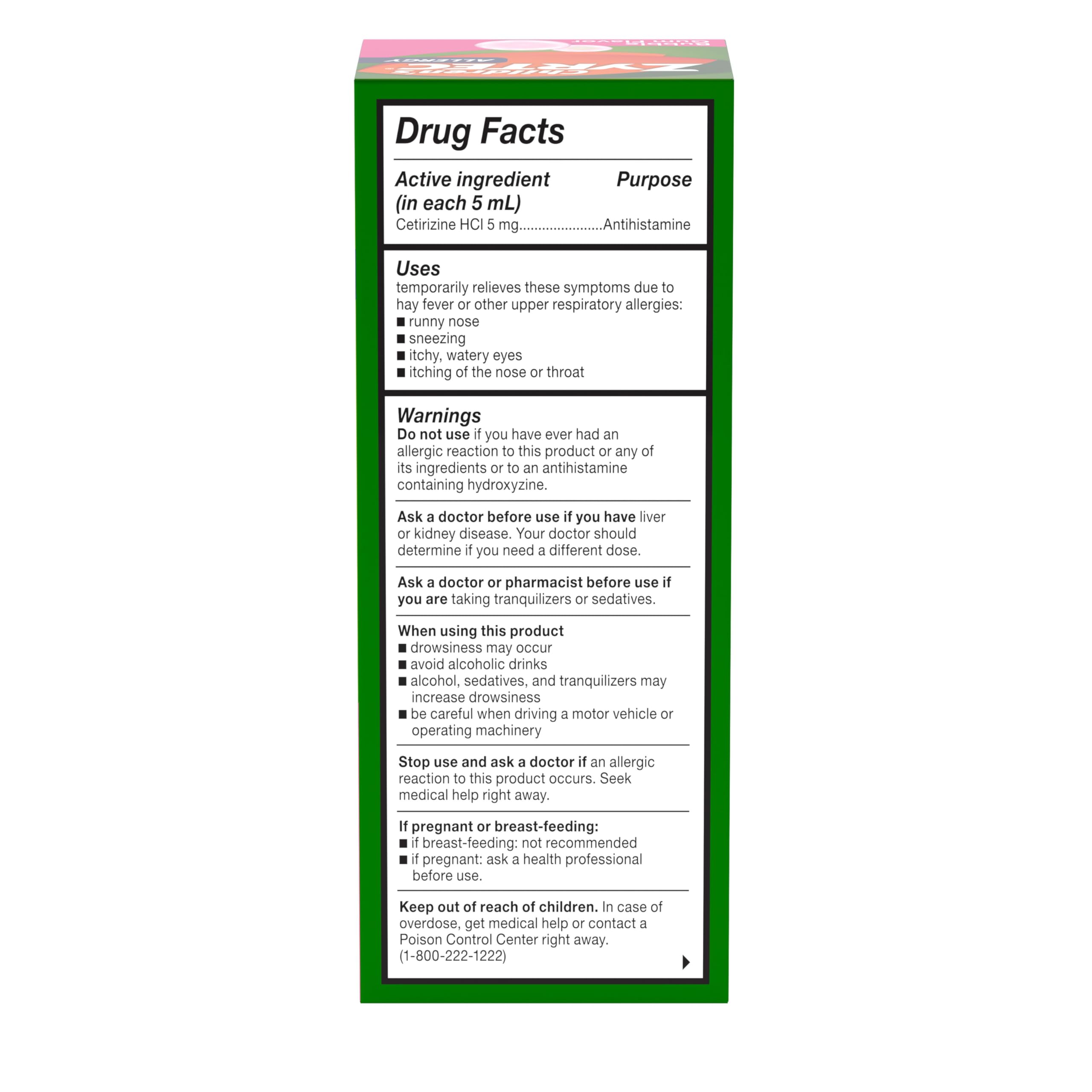 Zyrtec Children's Liquid, Kid's Antihistamine Syrup, Dye-, Sugar-, and Alcohol-Free, Pleasant Bubble Gum Flavor, Contains Cetirizine HCl Suitable for Ages 2 Years and Up, 4 fl oz Bottle Zyrtec buy australia supplements