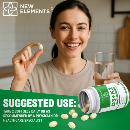 New Elements Vitamin D3 K2 10,000 IU with Magnesium Glycinate 500mg - Bone Health, Immune Support, Energy & Mood - Non-GMO, Gluten-Free New Elements