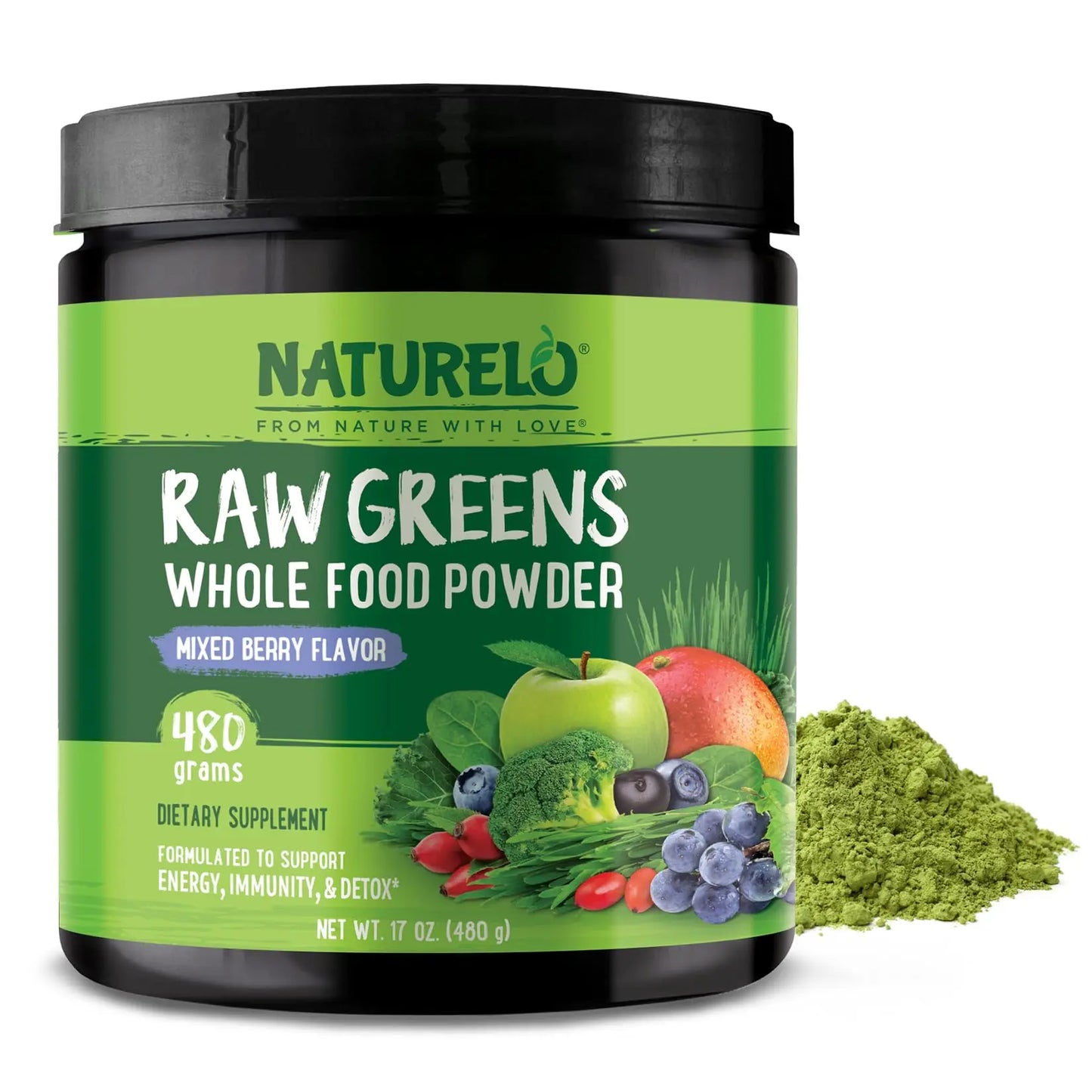 NATURELO Raw Greens Superfood Powder 480 Grams, Mixed Berry - Supports Energy, Immunity and Detox - Includes Spirulina, Wheat Grass and Organic NATURELO