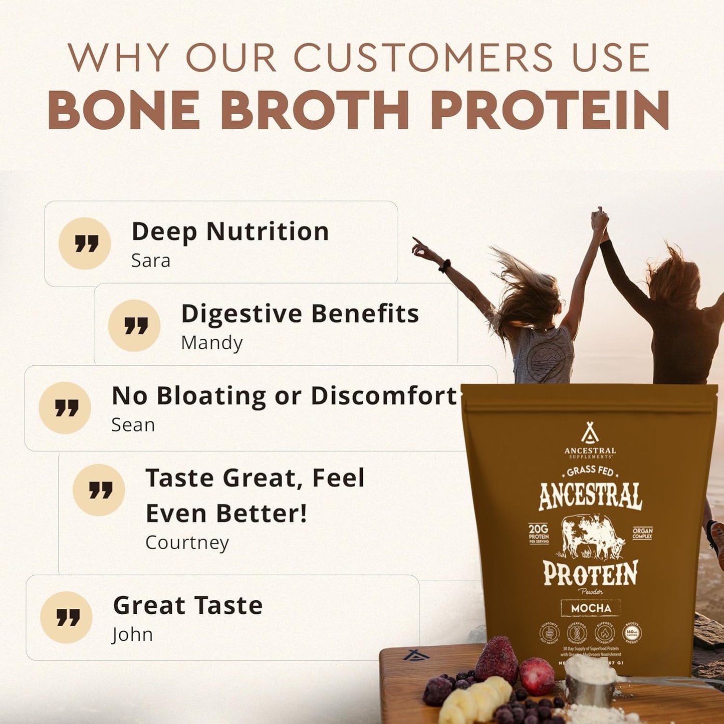 Ancestral Supplements Grass Fed Protein Powder, Chocolate, Beef Bone Broth Based w/Beef Organs & Organic Mushrooms, Gut Health Support, High Protein Supplement, 20g Protein Per Serving, 30 Day Supply