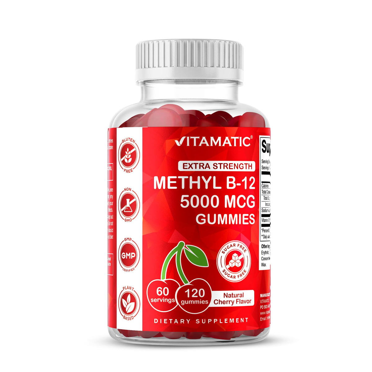 Vitamatic Extra Strength Vitamin B12 5000 mcg (Methyl B12) Gummies - 120 Count - Energy Metabolism Support and Nervous Vitamatic