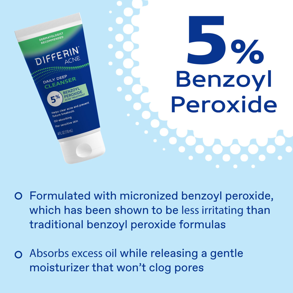 Differin Acne Face Wash, 5% Benzoyl Peroxide Daily Cleanser, 4oz Differin