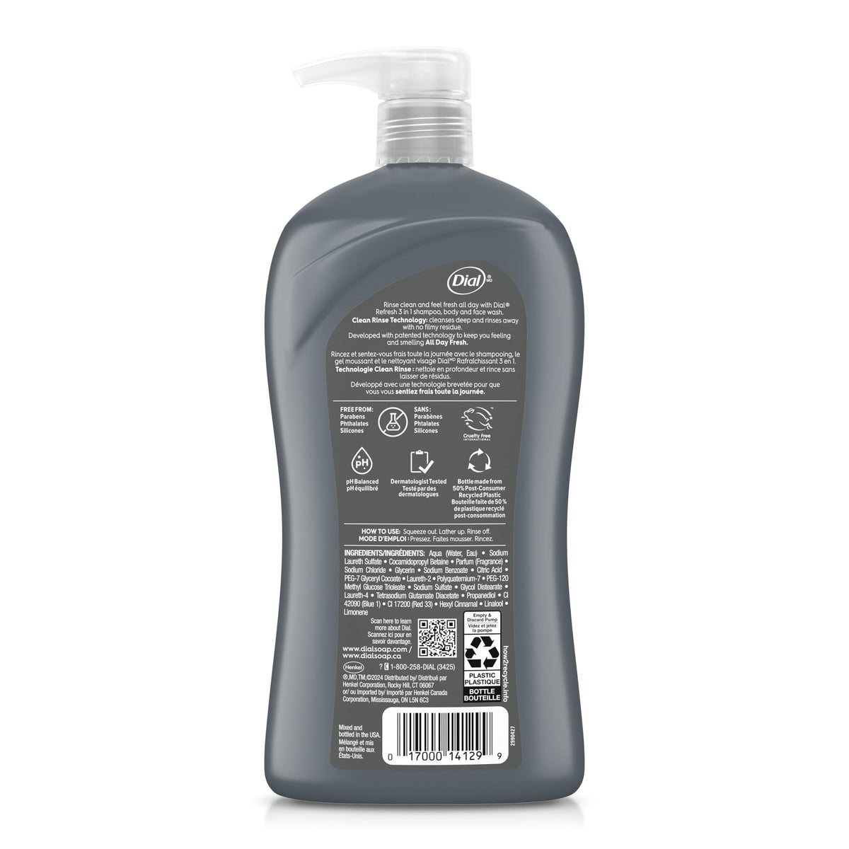 Dial Men 3 in 1 Body, Hair and Face Wash, Refresh, 32 Fl Oz, Blue Sage Scent, Cleanses Deep + Gentle on Skin with Clean Rinse Technology Dial