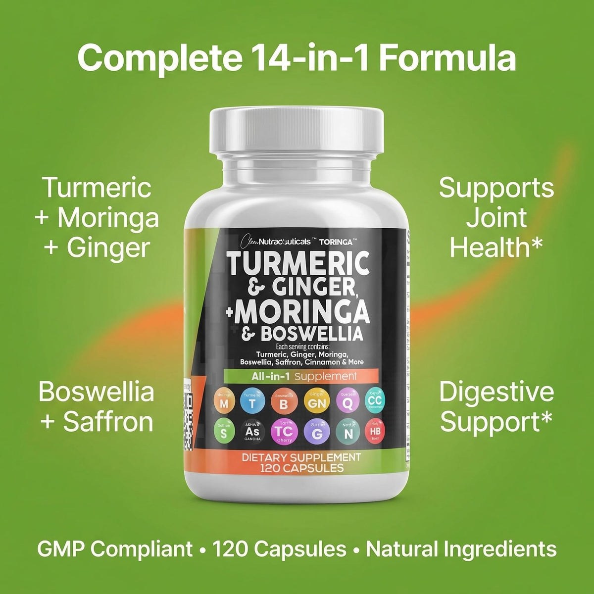Clean Nutraceuticals Turmeric Moringa Supplement | Ginger Boswellia Saffron - Supplement for Women and Men with Ceylon Cinnamon Clean Nutraceuticals