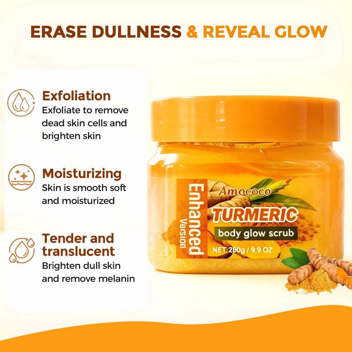 Amococo Turmeric Body Scrub, Botanical Skin Cleanser for Dullness & Uneven Tone, Gentle Exfoliating Scrub for Smooth & Glowing Skin Texture, 9.8 oz Amococo