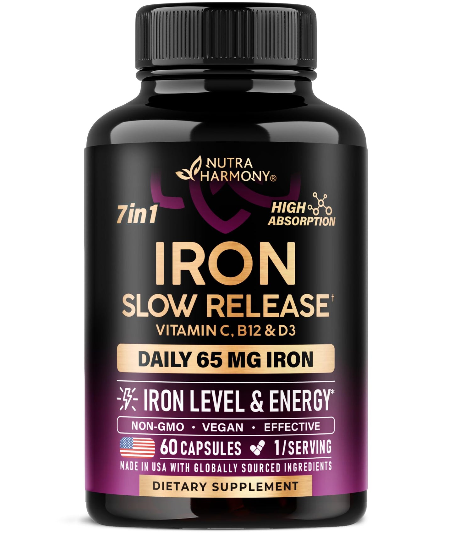Iron Supplement for Women - Iron 65mg (Ferrous Sulfate 325mg) - Stomach Friendly | Slow Release Iron | High Absorption - Vitamins C, D3, B6, B12 & Folate NUTRAHARMONY