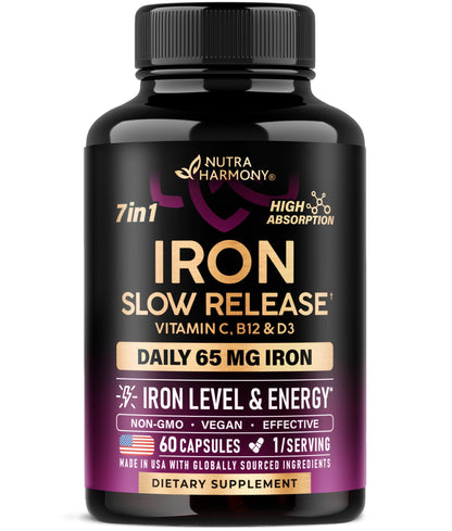 Iron Supplement for Women - Iron 65mg (Ferrous Sulfate 325mg) - Stomach Friendly | Slow Release Iron | High Absorption - Vitamins C, D3, B6, B12 & Folate NUTRAHARMONY