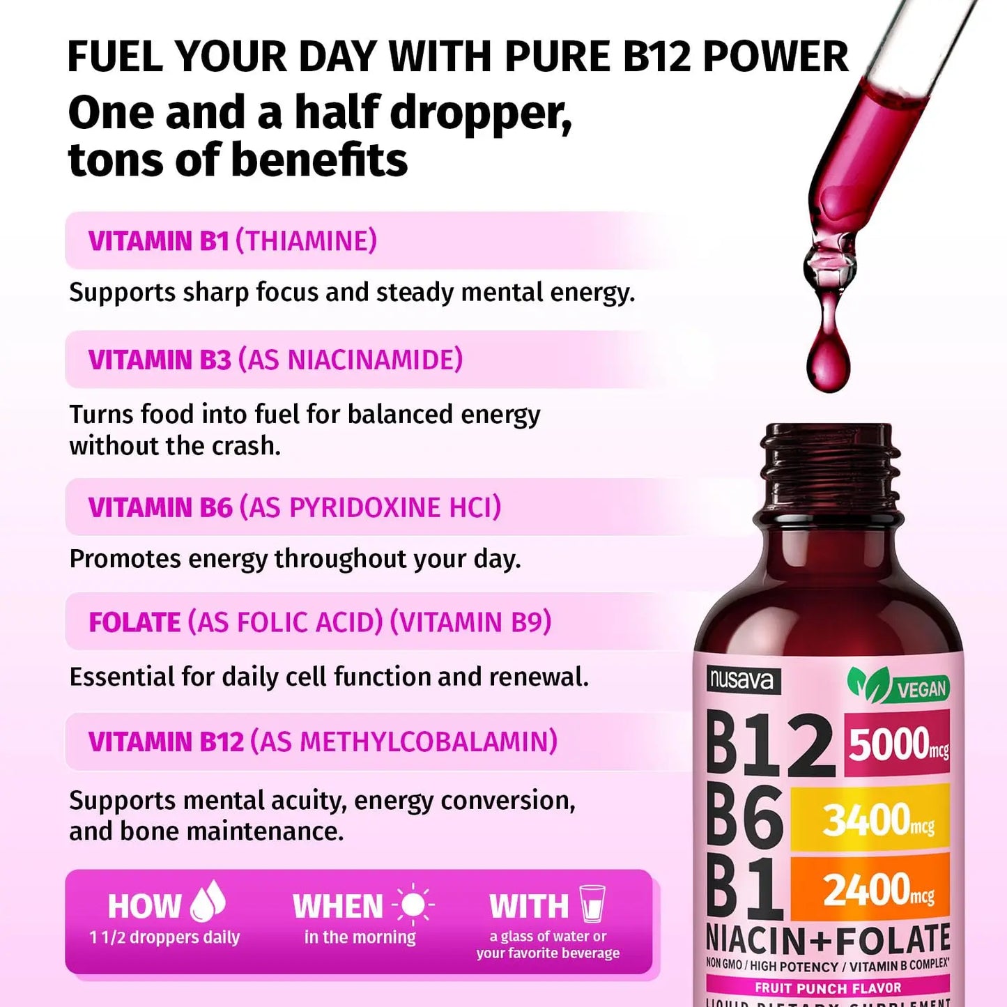 (2 Pack) Vitamin B12 and B6 Liquid Drops, B12 Sublingual Vitamin B Complex - B 12 Vitamin 5000mcg - B12 Methylcobalamin for Energy, Brain, and Heart Support NUSAVA