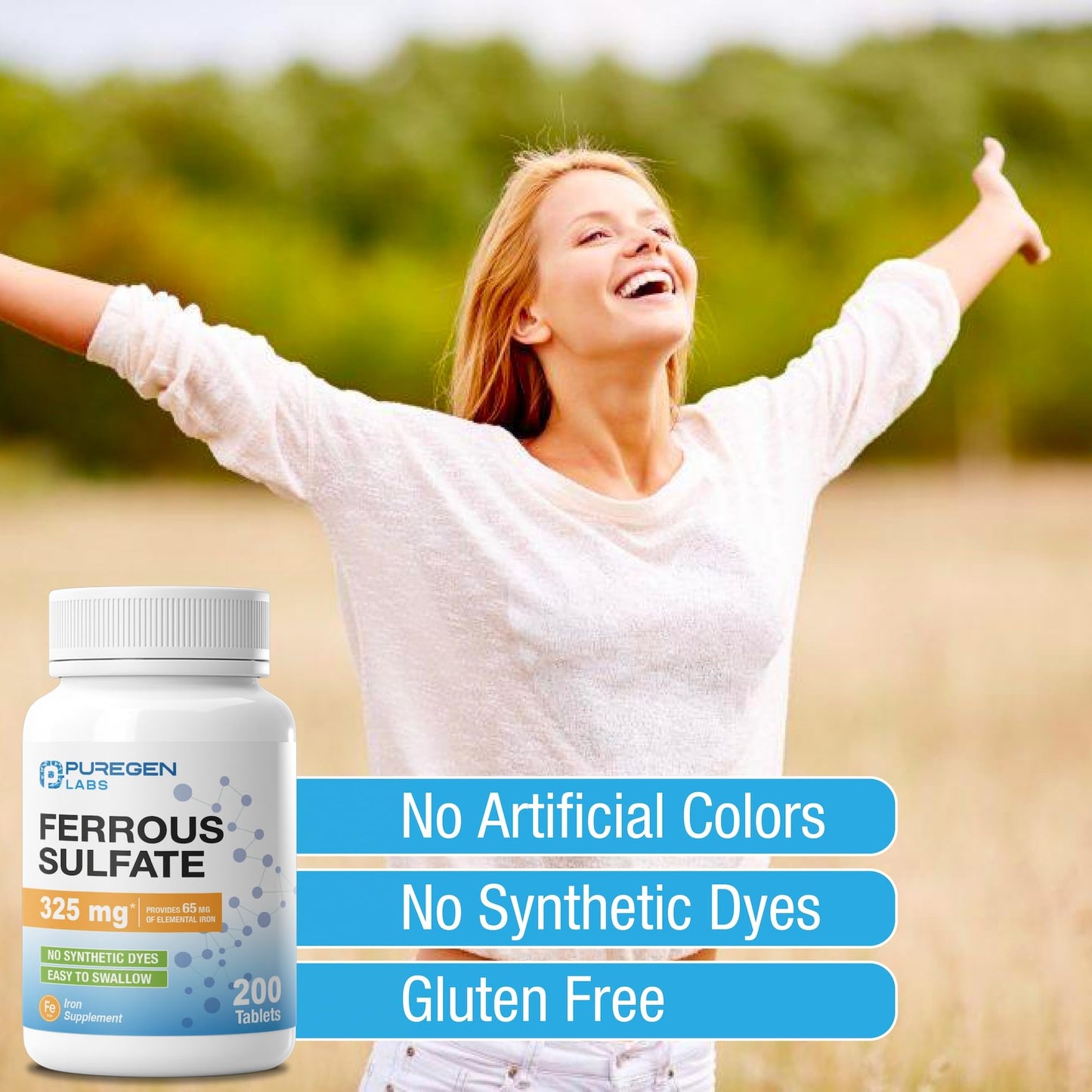 Puregen Labs Ferrous Sulfate 325 mg (65 mg Elemental Iron) High Potency Iron Supplement | No Artificial Color Additives - 200 Tablets P Puregen Labs