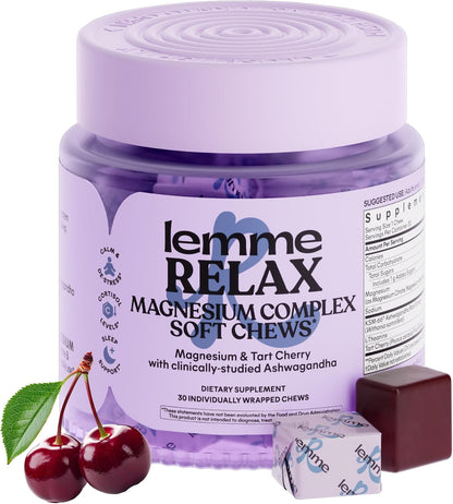 Lemme Relax Soft Chews with Magnesium Glycinate & Citrate, KSM-66 Ashwagandha + L-Theanine to Support Stress Relief, Cortisol Levels, Mood & Healthy Sleep Cycles, BlackBerry Lemonade (30 Chews)