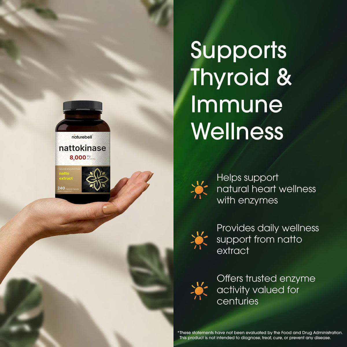 NatureBell Nattokinase - 240 Capsules - 8,000 FU Max Strength from Fermented Natto Extract - for Heart Health NatureBell