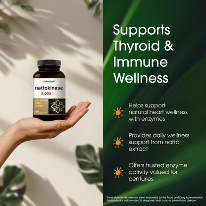NatureBell Nattokinase - 240 Capsules - 8,000 FU Max Strength from Fermented Natto Extract - for Heart Health NatureBell