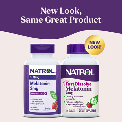 Natrol Fast Dissolve Melatonin 3 mg, Melatonin Supplements for Restful Sleep, Sleep Support for Adults, 150 Strawberry-Flavored Tablets Natrol