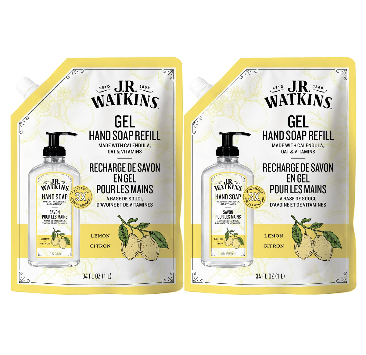 J.R. Watkins Moisturizing Gel Hand Soap Refill 2 Pack, Lemon, 34 fl oz J.R. Watkins