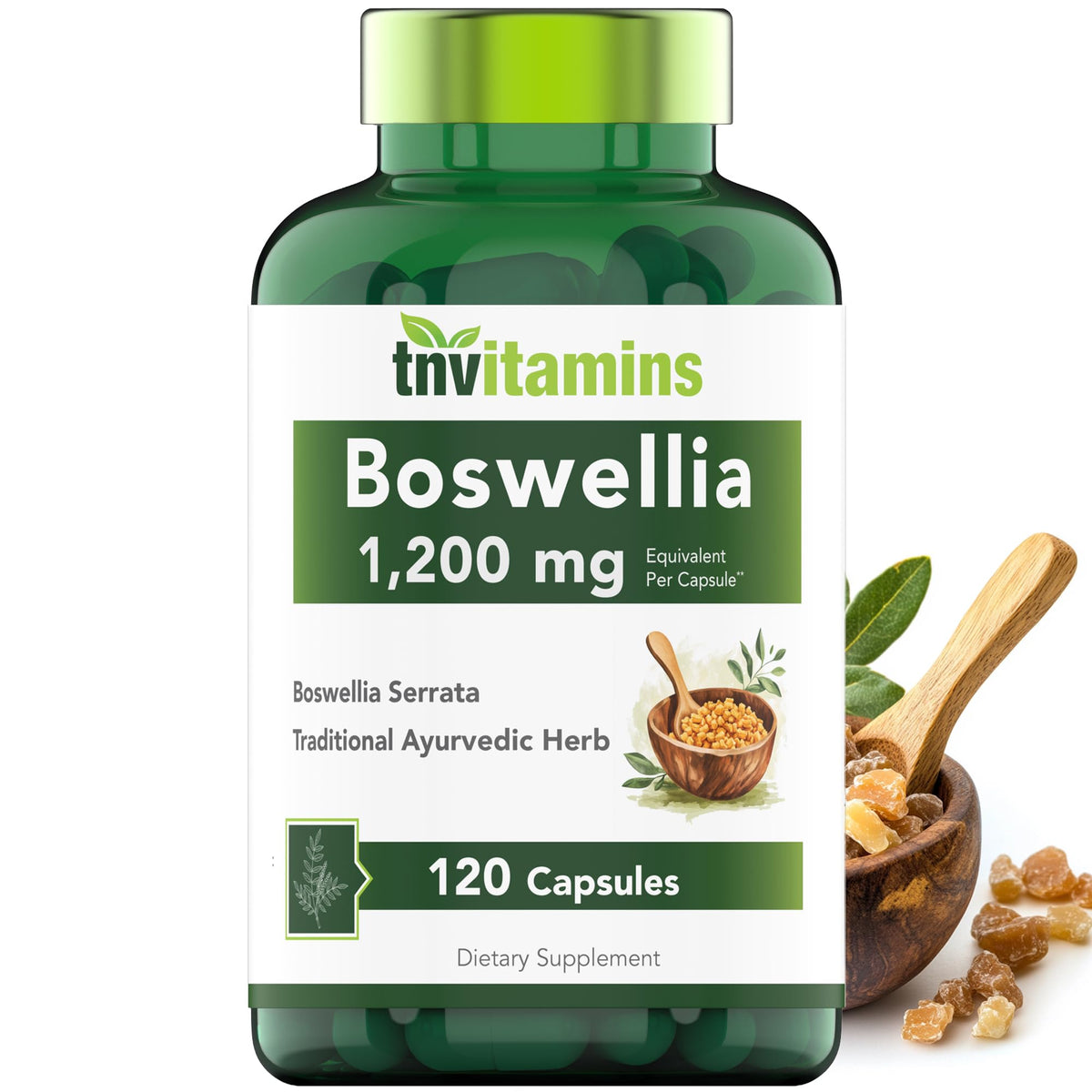 tnvitamins Boswellia Extract Capsules, 120 Count | 1,200 mg Per Capsule | 65% Boswellic Acids + 10:1 Concentrated Extract | Boswellia Serrata tnvitamins