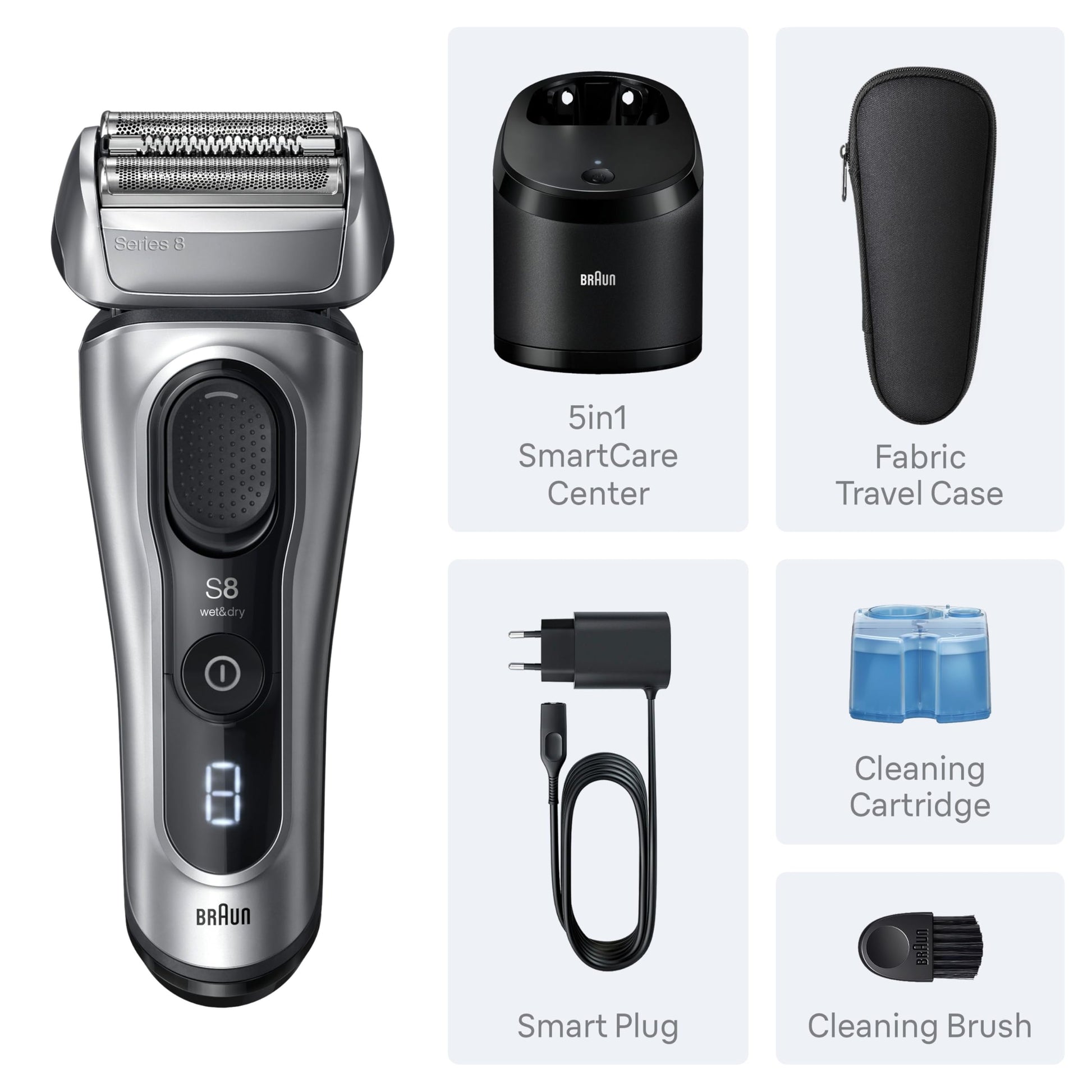 Braun Series 8 Electric Razor for Men, with 4+1 Shaving Elements & Precision Long Hair Trimmer, Close & Gentle Even on Dense Beards, Wet & Dry Electric Razor with 60min Runtime, 8517s Galvano Silver Gsupps Australia