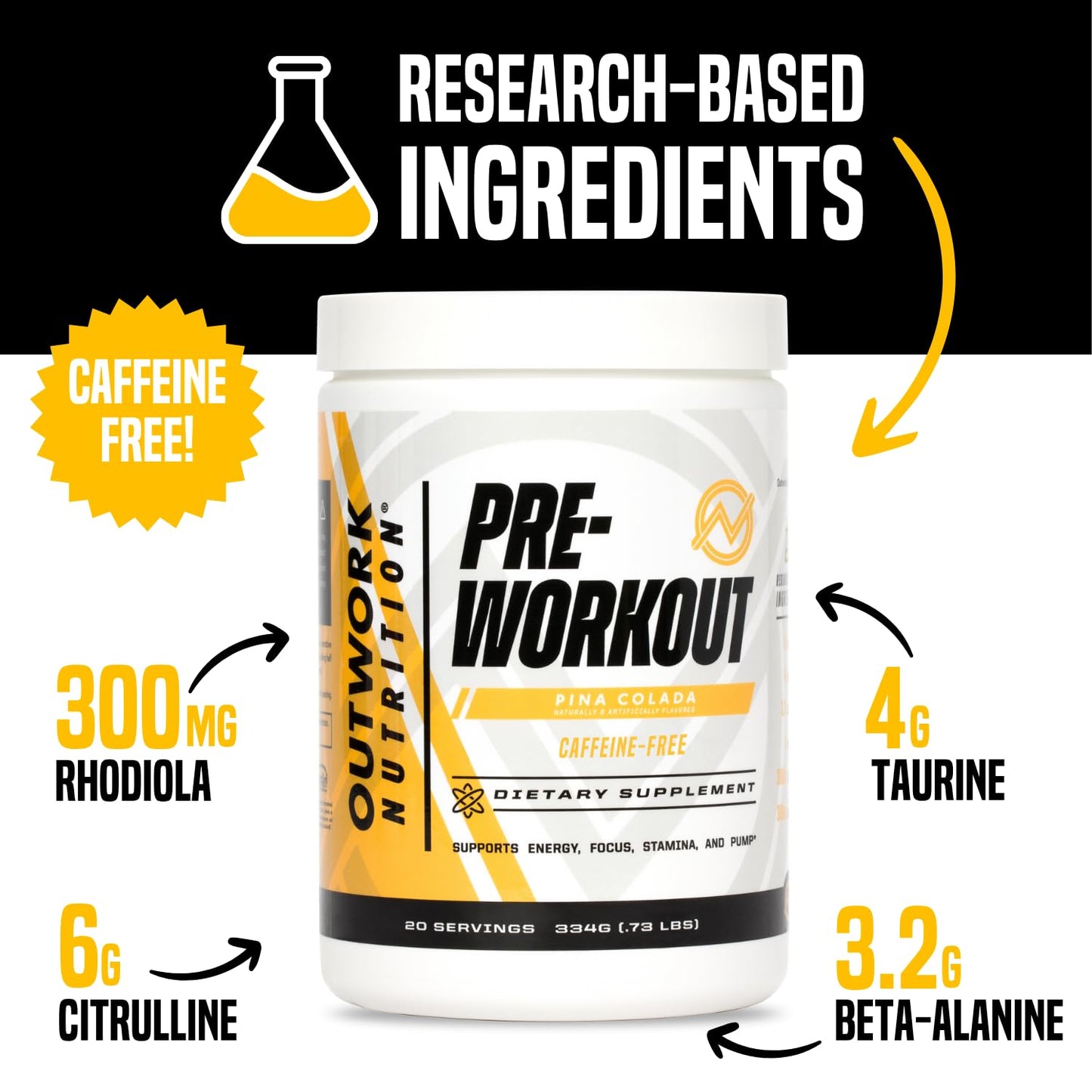 Outwork Nutrition Non-Stim Pre Workout Powder - Citrulline Malate, Beta-Alanine, Rhodiola Extract for Performance, Focus & Energy Boost - Preworkout for Men, Women (Caffeine Free, Tropical Candy)