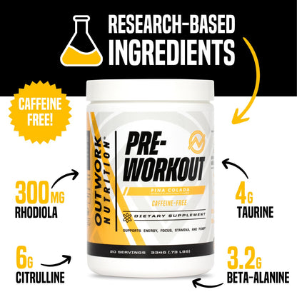 Outwork Nutrition Non-Stim Pre Workout Powder - Citrulline Malate, Beta-Alanine, Rhodiola Extract for Performance, Focus & Energy Boost - Preworkout for Men, Women (Caffeine Free, Tropical Candy)