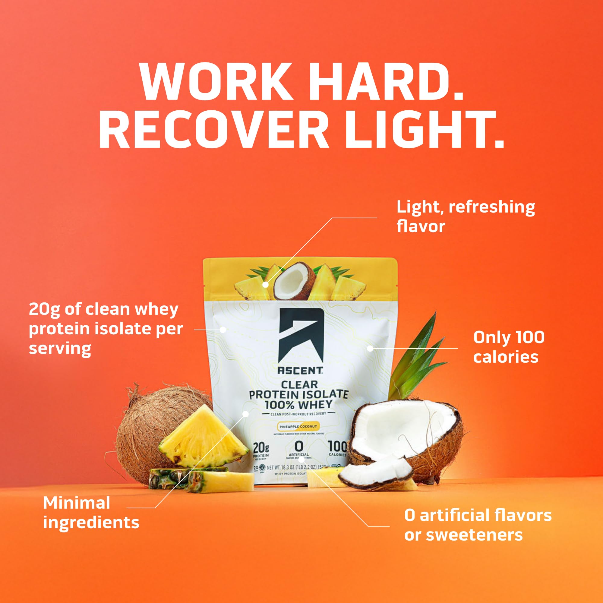 Ascent 100% Clear Whey Protein Powder - Post Workout Whey Protein Isolate, Zero Artificial Flavors & Sweeteners, Gluten Free, 5.5g BCAA, 2.1g Leucine, Essential Amino Acids, Pineapple Coconut, 20 Serv Ascent buy australia supplements