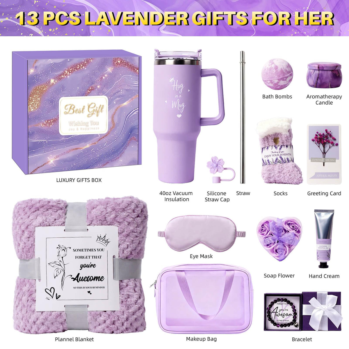 Birthday Gift for Women, Luxury Self Care Spa Gift Basket with Blanket for Mom, Wife, Sister, Friend, Girlfriend, Grandmother, Get Well Soon & Christmas gift for Her Joyvella