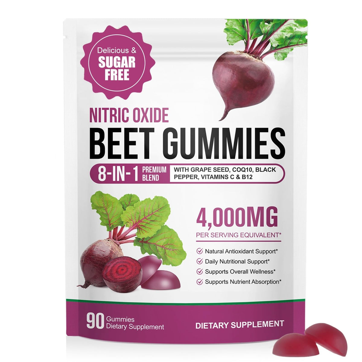 ECHTEYUN Super Beetroot Gummies, 8 in 1 Beet Root 4,000mg with Grape Seed Extract & CoQ10, Sugar Free - 90 Count (1) ECHTEYUN