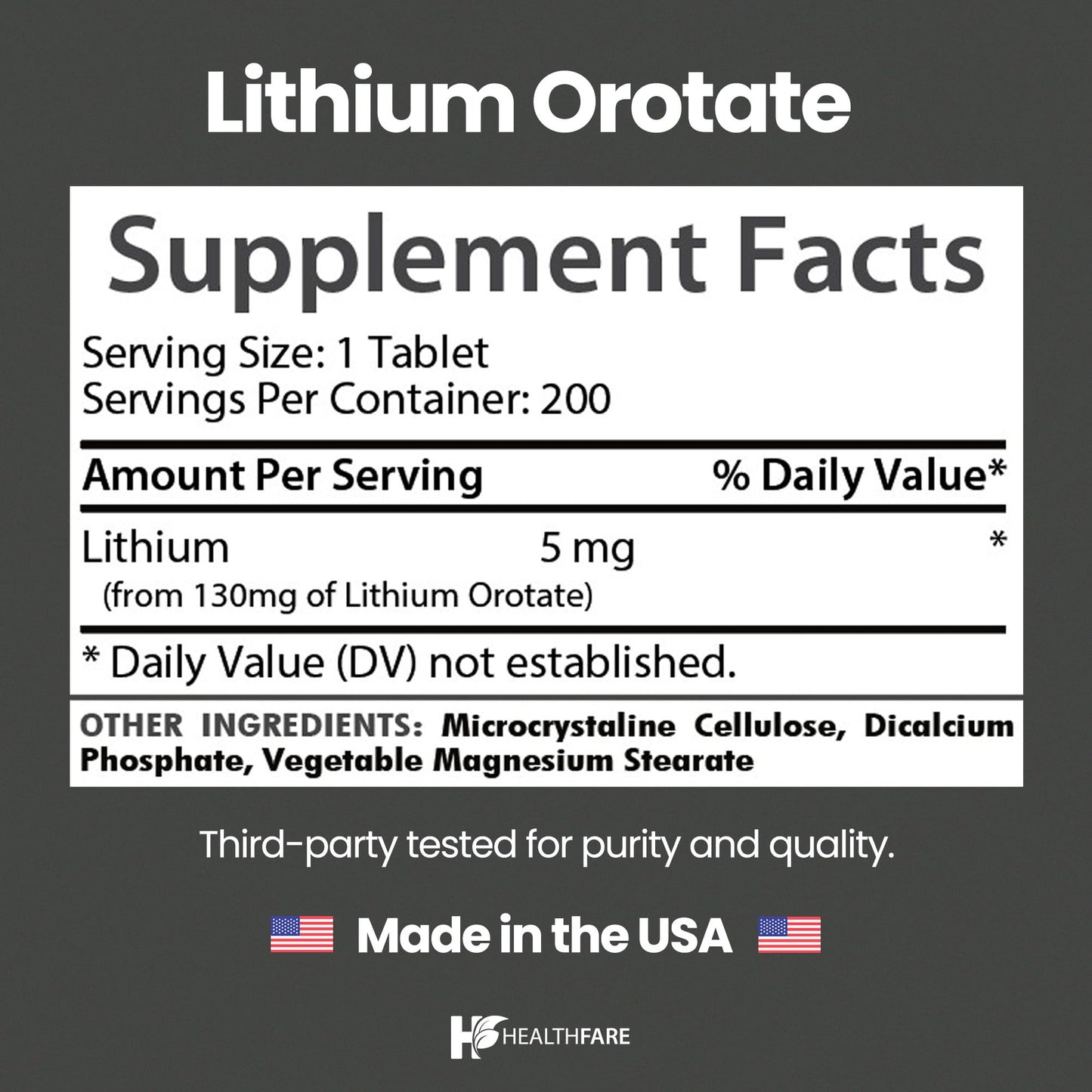 HealthFare Lithium Orotate Supplement 130mg | 200 Vegetarian Tablets | High Bioavailability Trace Mineral | Mood, Brain & Memory Support Healthfare