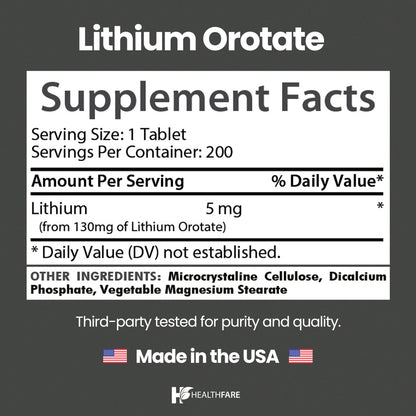 HealthFare Lithium Orotate Supplement 130mg | 200 Vegetarian Tablets | High Bioavailability Trace Mineral | Mood, Brain & Memory Support Healthfare
