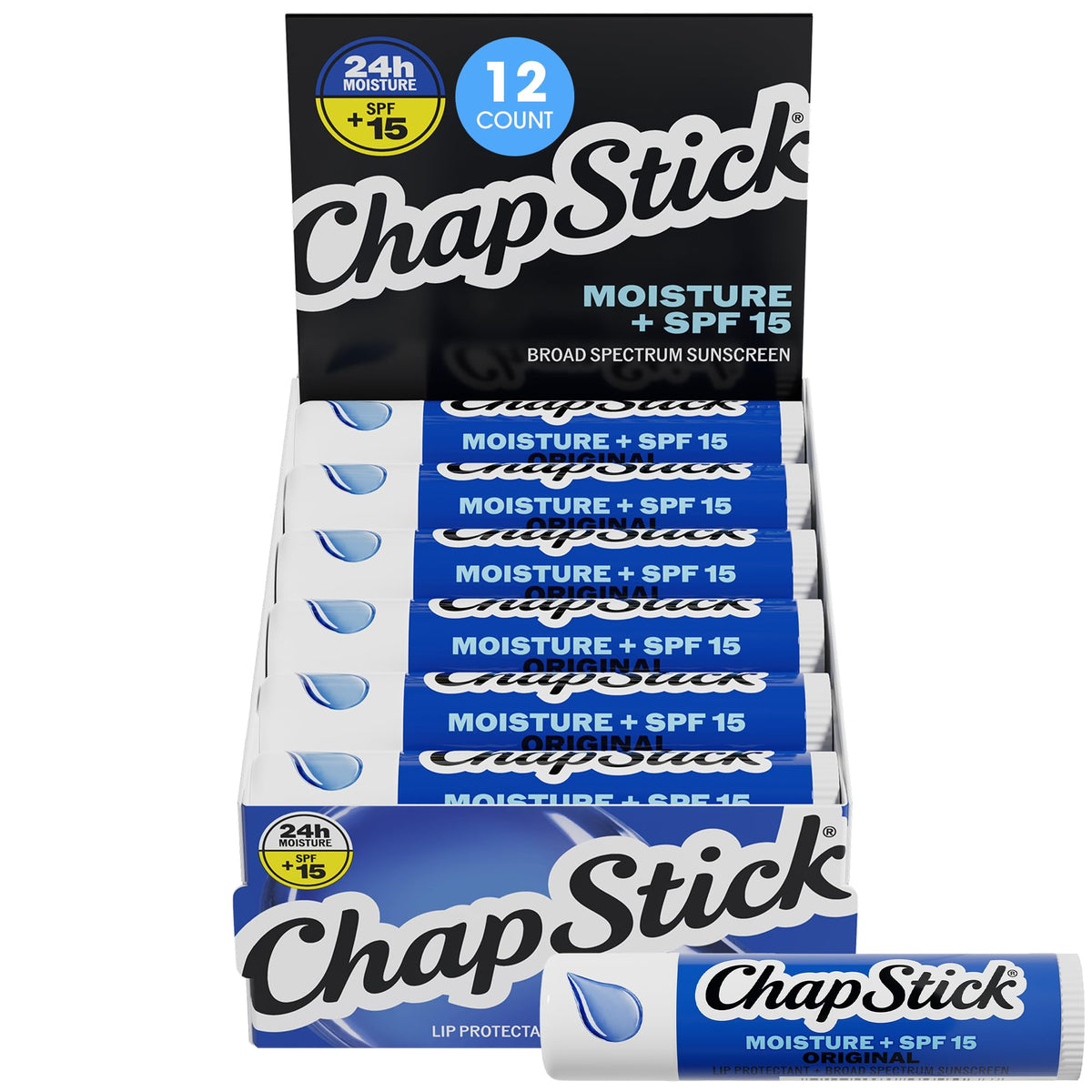 ChapStick Moisture + SPF 15 Bulk Lip Balm Sunscreen 12-Pack, 0.15 Oz Ea ChapStick