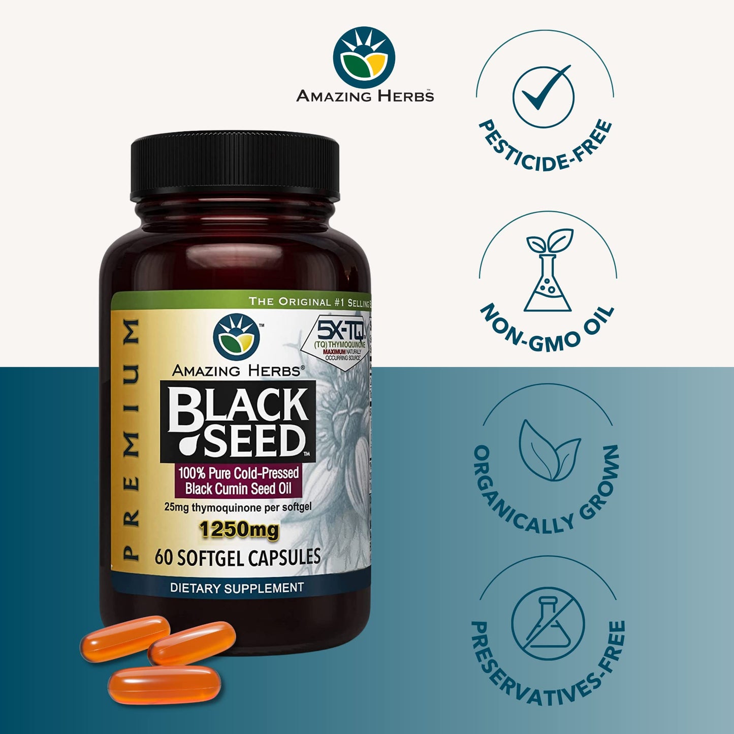 Amazing Herbs Premium  Capsules - High Potency, Cold Pressed Nigella Sativa Aids in Digestive Health Amazing Herbs