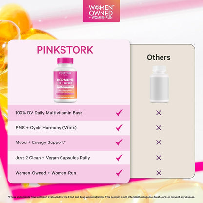 Pink Stork Hormone Balance Multivitamin for Women, 60 Vegan Capsules | 18-in-1 Vitex, Saffron, Ashwagandha, Magnesium | Mood, Energy, Cortisol, Adrenal Support | PMS, Perimenopause Support