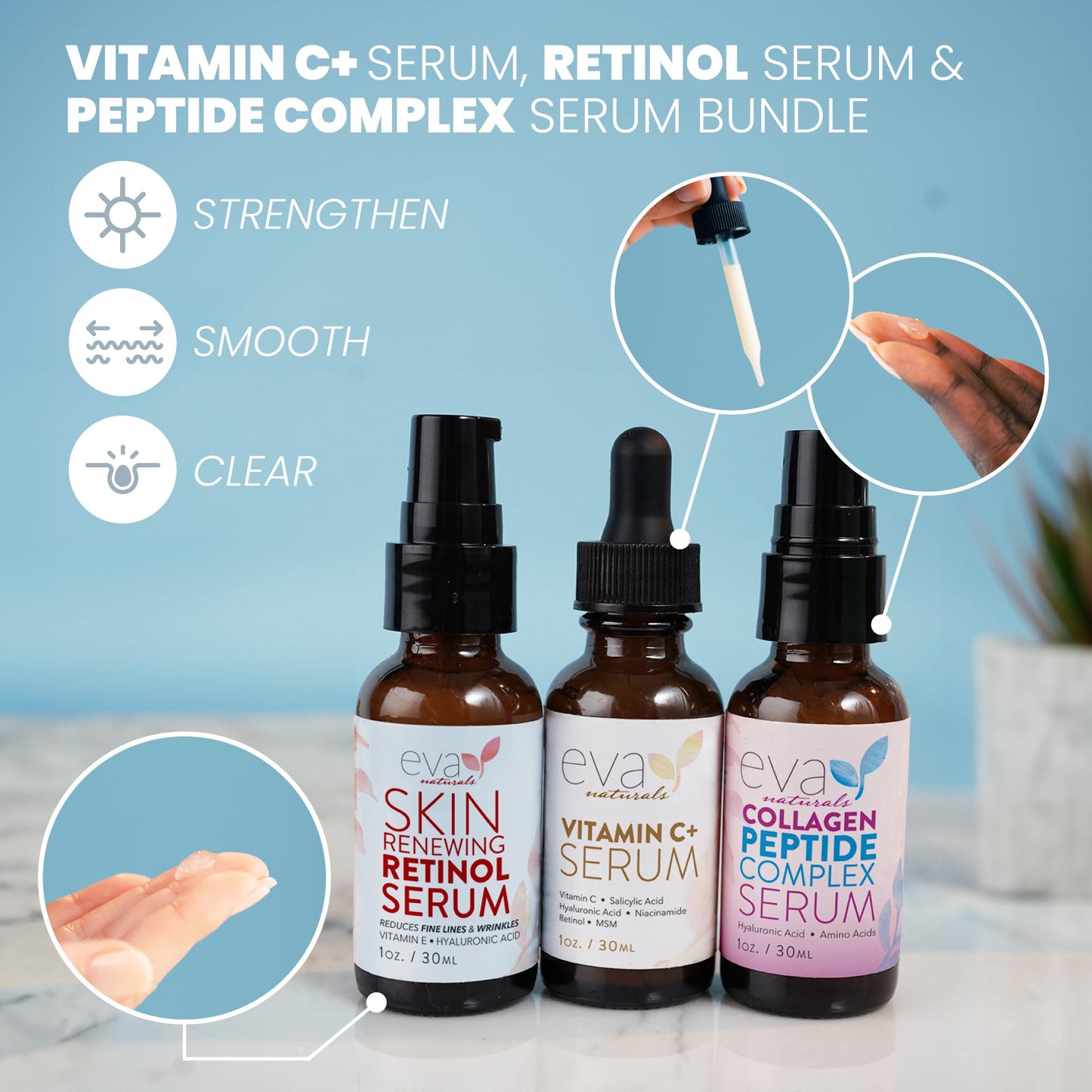Eva Naturals Trifecta Face Serum Set – Retinol, Vitamin C & Peptides with Hyaluronic Acid & Niacinamide – Anti-Aging Skincare Bundle for Women Eva Naturals