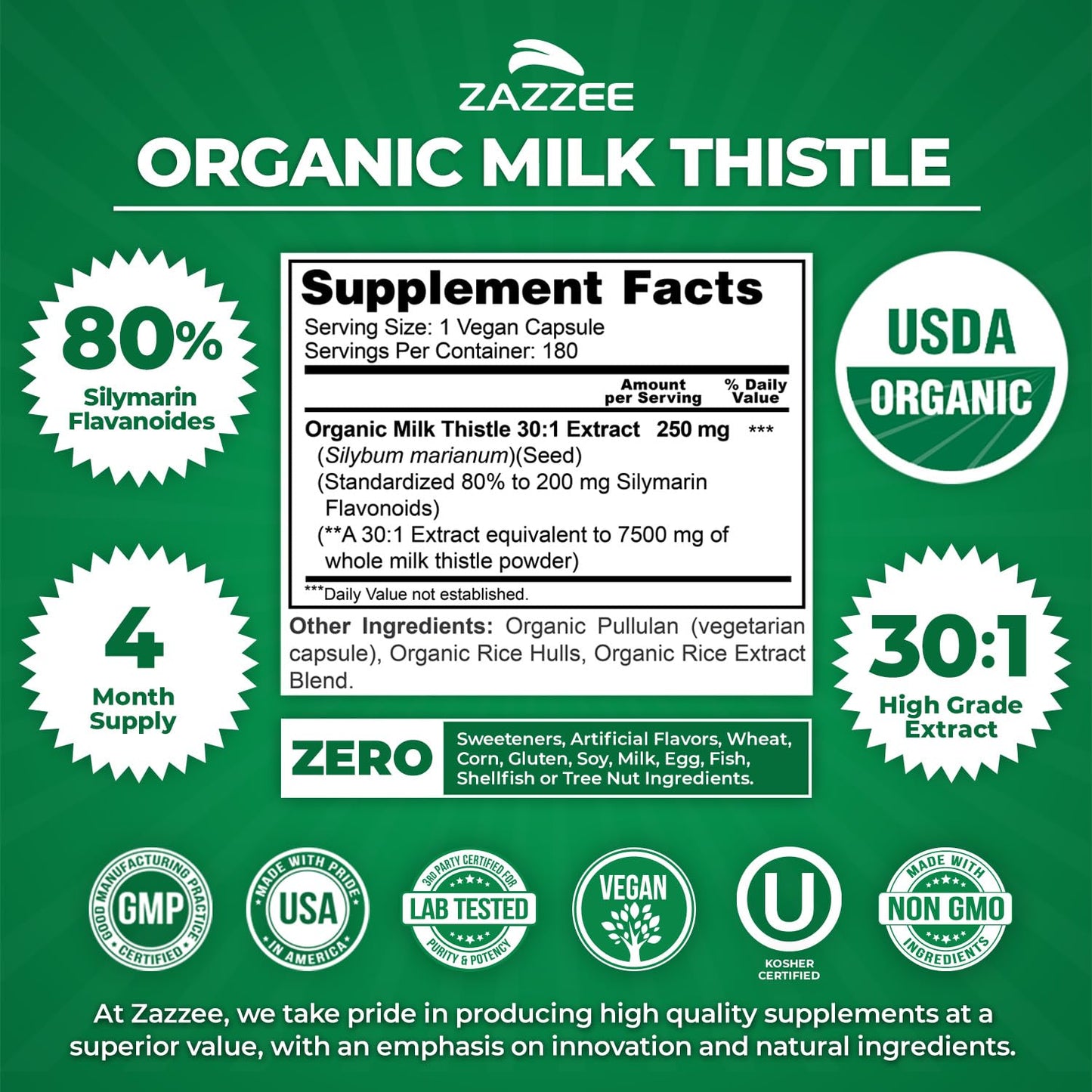 Zazzee USDA Organic Milk Thistle 30:1 Extract, 80% Silymarin, 120 Capsules | Vegan, 4 Month Supply, Certified Kosher, High Potency Liver & Antioxidant Support, Silybum Marianum, Non-GMO, Made in the USA Gsupps Australia