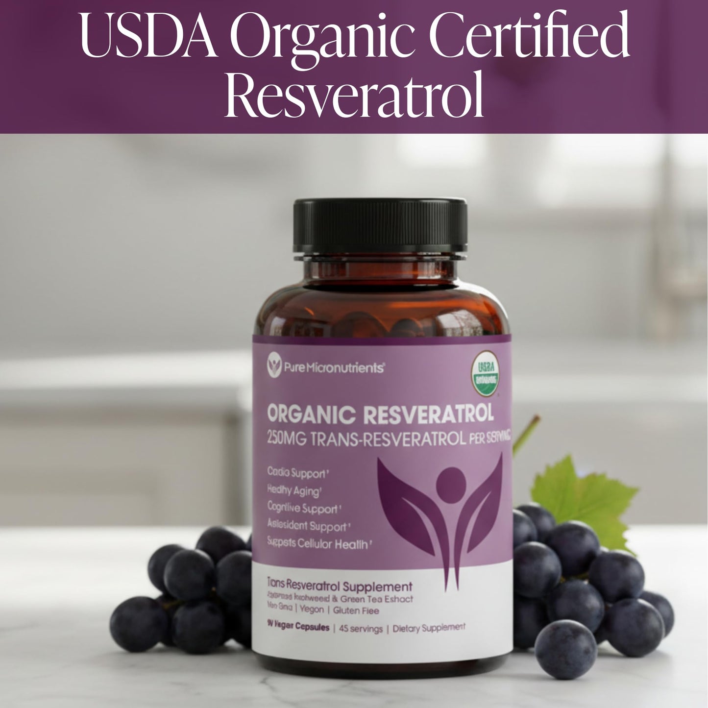 Organic Resveratrol Supplement – Trans-Resveratrol Capsules with Green Tea – Highly Purified & Bioavailable Pure Micronutrients