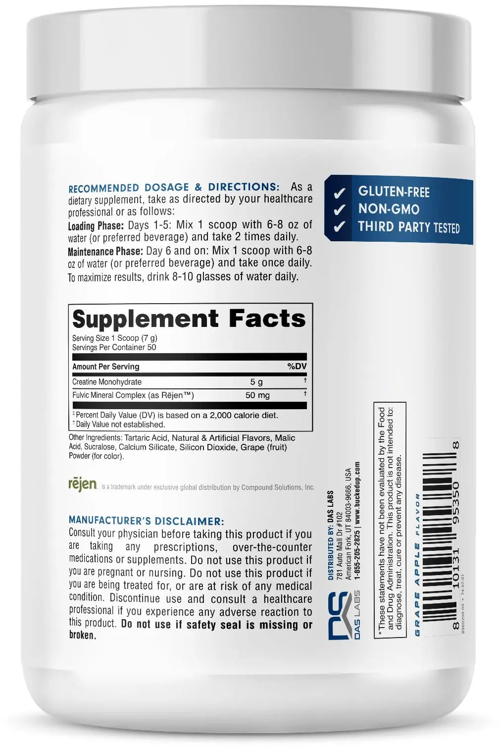 Bucked Up Grape Apple Creatine for Women and Men - Easy to Mix Vegetarian - Flavored Creatine Monohydrate Powder - Made in USA - 5G Per Serving - 50 Servings - 250 Grams Per Container Bucked Up