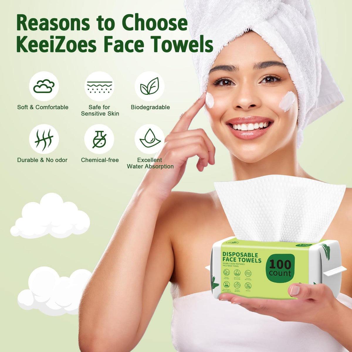 Disposable Face Towels 100 Count, Biodegradable Ultra Soft & Thick Facial Towels for Sensitive Skin, Lint-Free Makeup Remover Dry Wipes, Multi-Purpose Cleansing Towelettes for Face Wipes, Skincare KeeiZoes