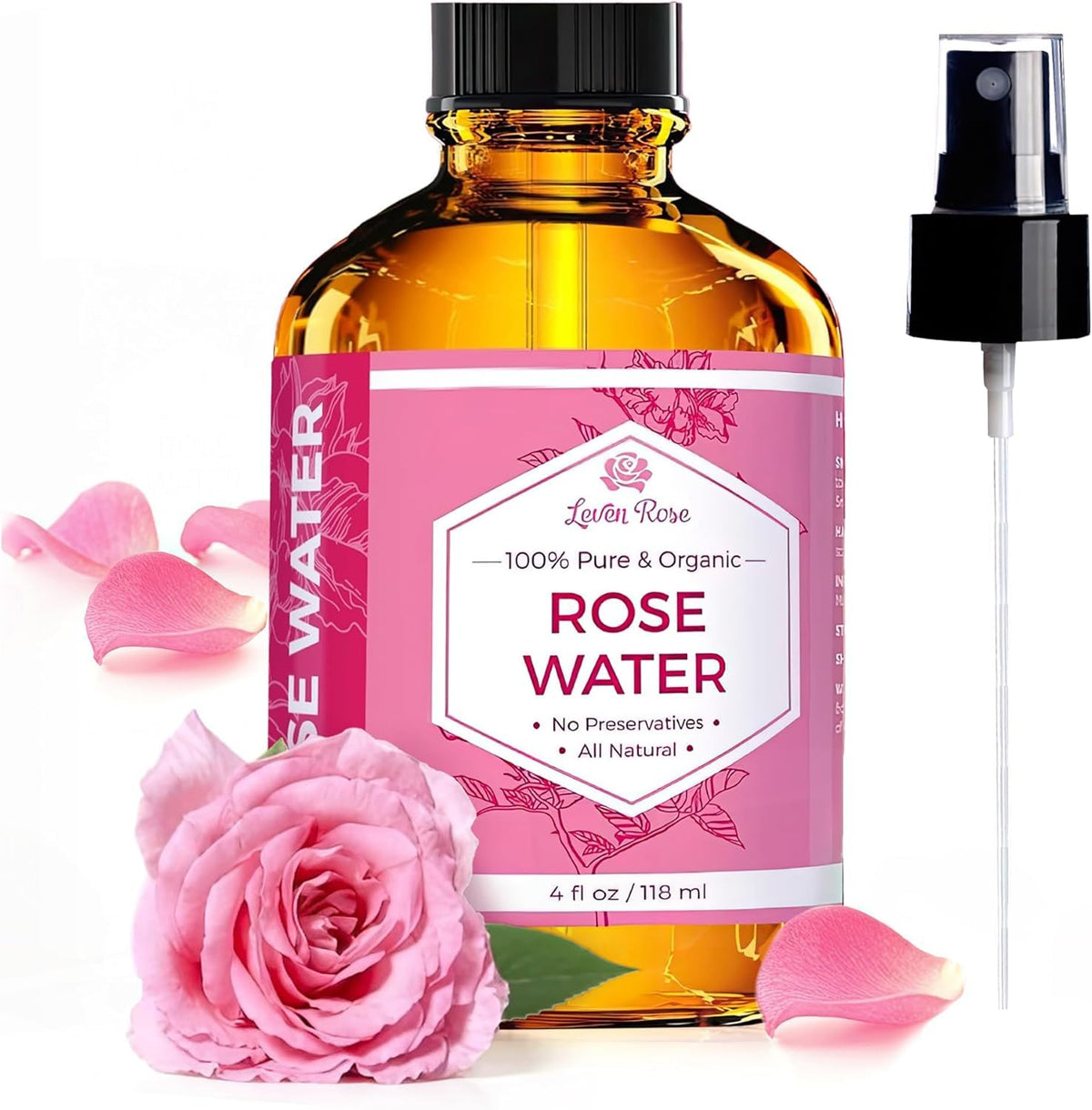 Leven Rose Pure Rose Water Spray for Face, Hair & Body - Hydrating Rosewater Toner & Facial Mist, Natural Moroccan Rosa Damascena, 4 oz Leven Rose